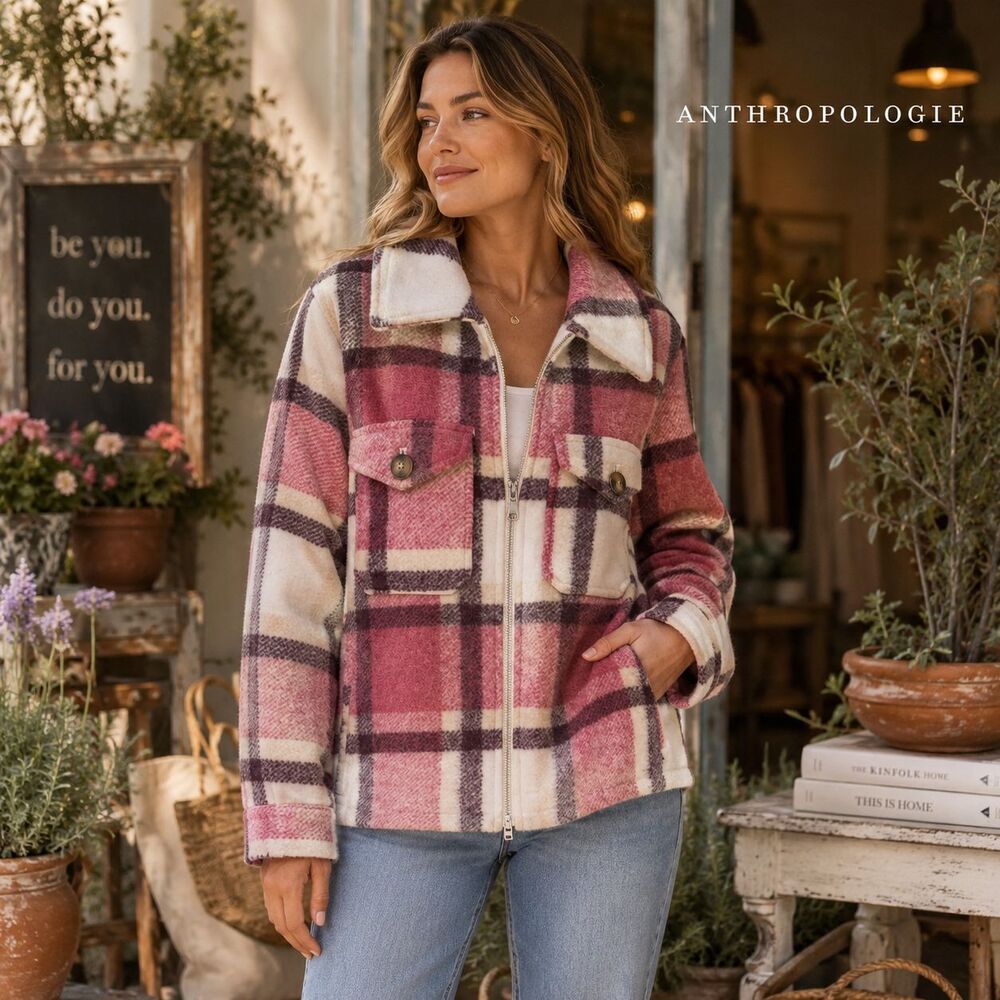 ANTHROPOLOGIE AVEC LES FILLES Womens New Jacket Zip Pocket MEDIUM Plaid Fleece
